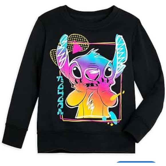 Disney Stitch Black Graphic Sweatshirt Kids XS Colorful Cartoon Pullover - Picture 1 of 8